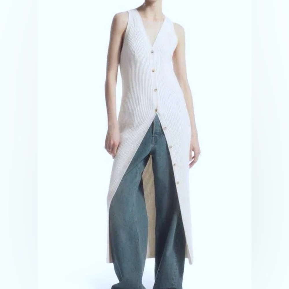 COS white rib-knit maxi dress with front button